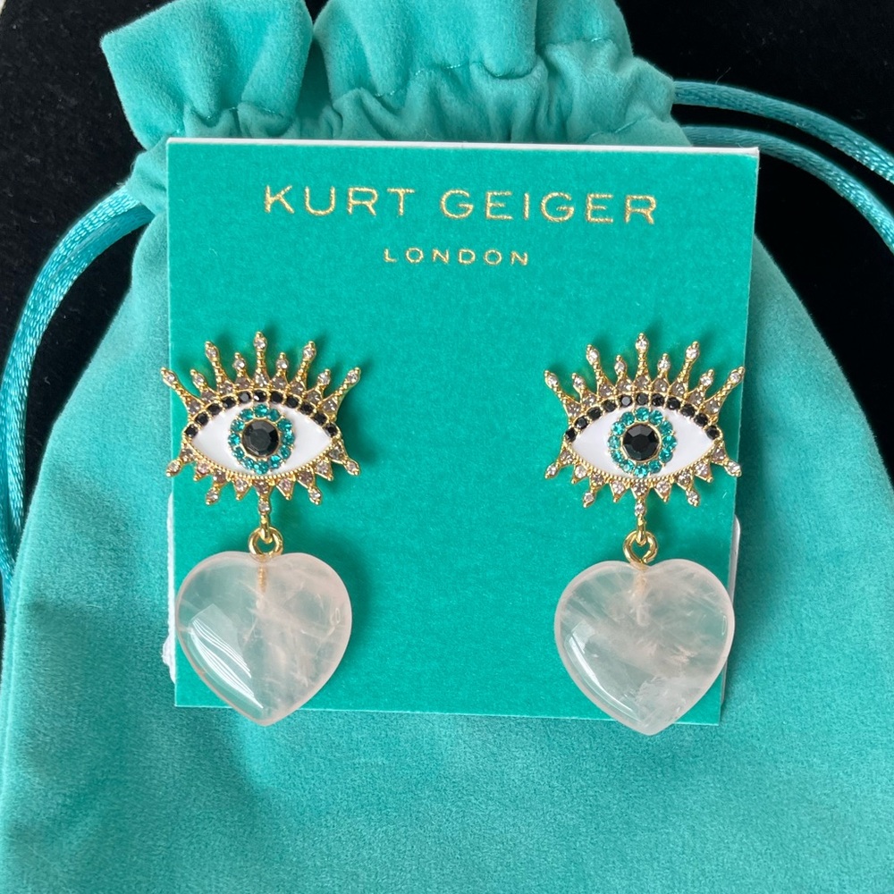 Kurt Geiger evil eye earrings with rose quartz heart.